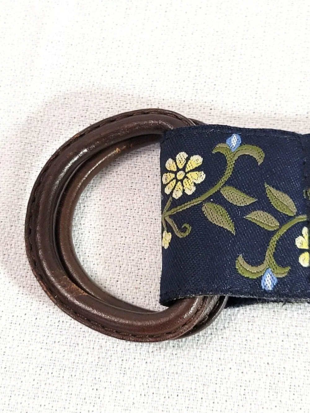 NWT Eddie Bauer Navy Blue Floral Jacquard Ribbon Leather O-Ring Belt M